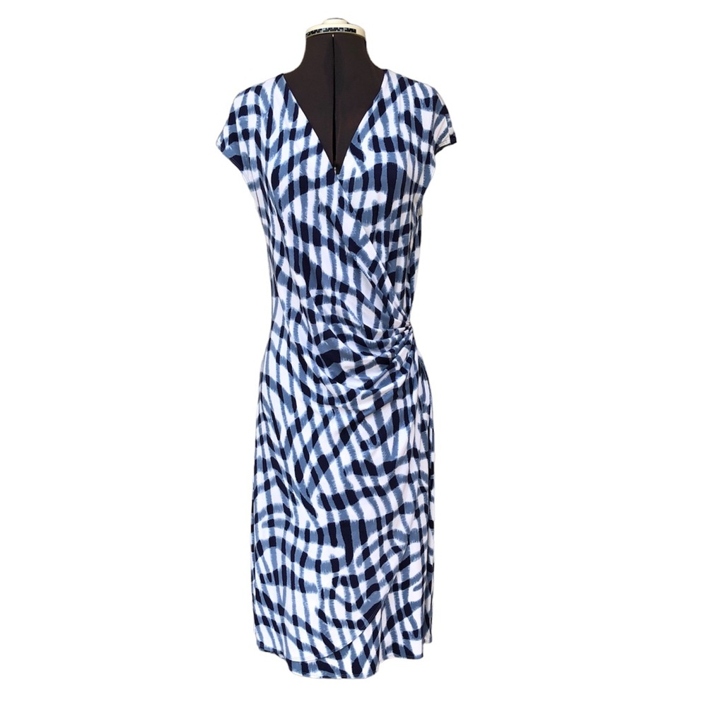 Tommy Bahama Navy White  Zebra Striped Animal Print Faux Wrap Stretch Dress M